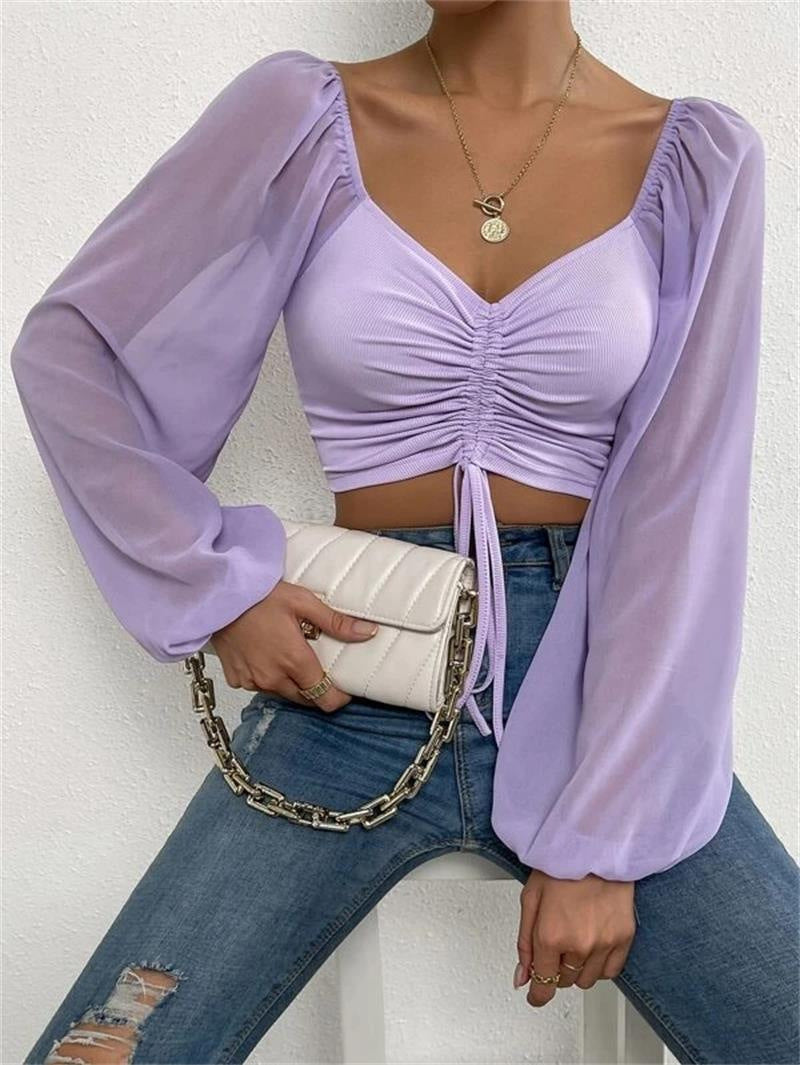Womens V-Neck Chiffon Blouse with Drawstring Waist