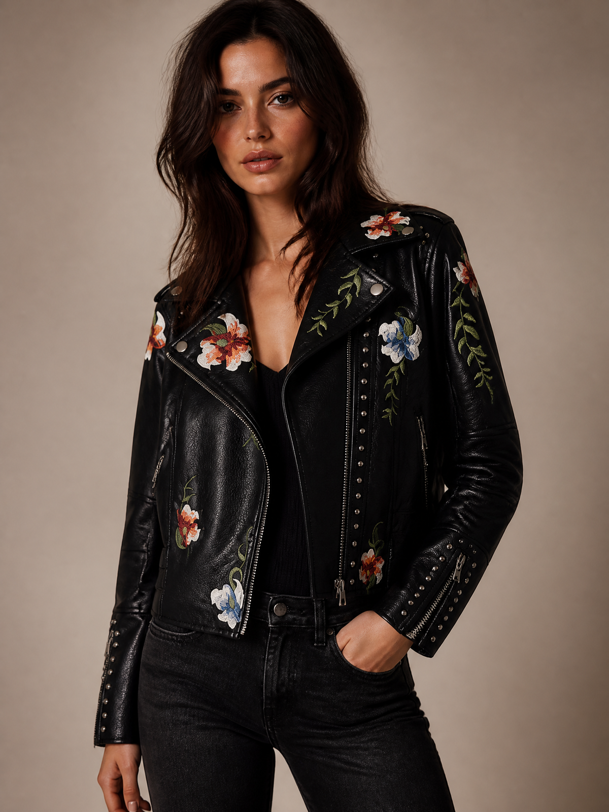 Embroidered Rivet Leather Jacket in Slim Fit