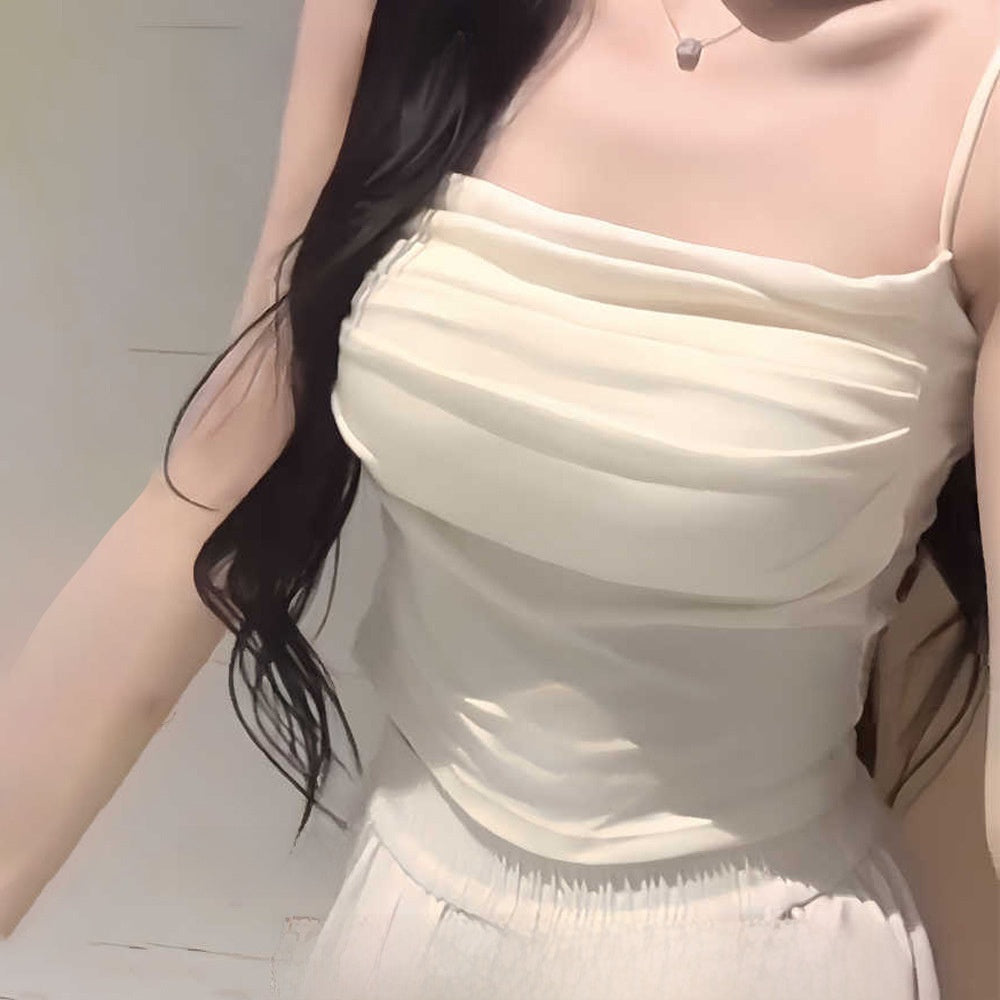 Korean Off-Shoulder Pleated Camisole Top with Adjustable Straps