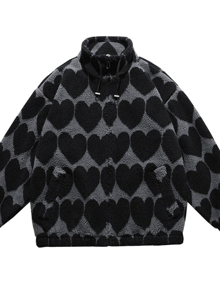 Graphic Sherpa Fleece Jacket, Oversized Stand Collar Outerwear