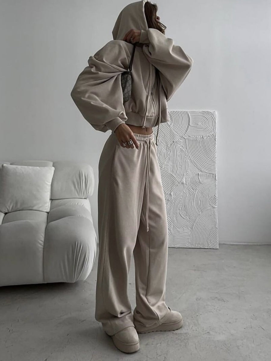 Women's loose-fitting hooded zipper pullover set