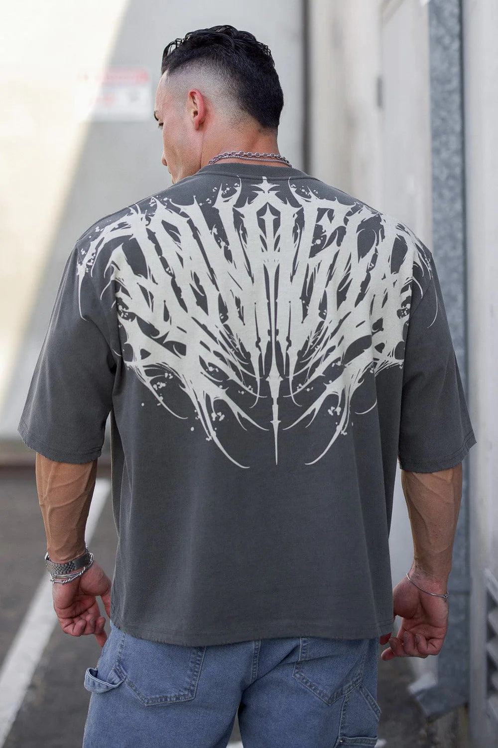 Cotton Wide Shoulder Sports T-Shirt with Printed Logo