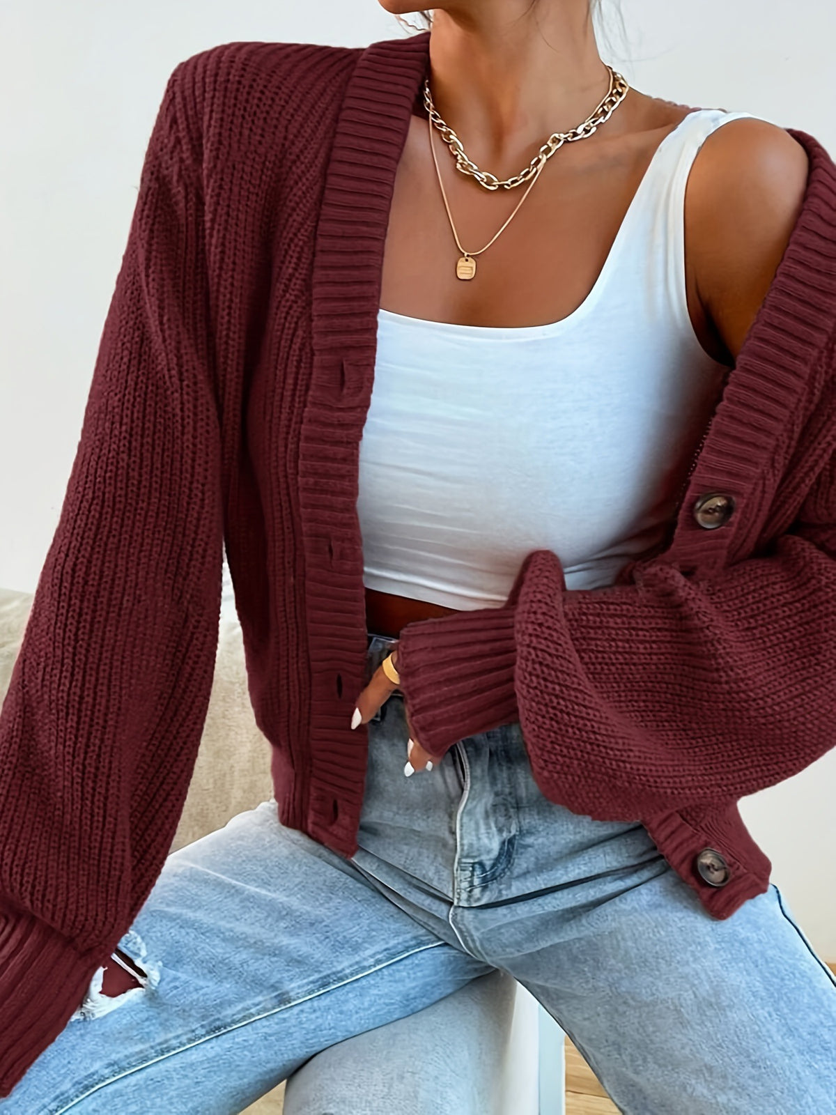 LuxeWave V-Neck Knit Cardigan