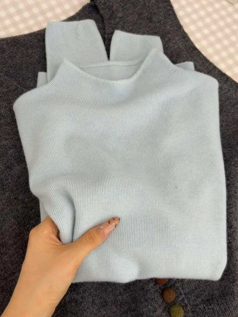 Japanese Style Knitted Sweater Women Semi-High Collar Long Sleeve Pullover