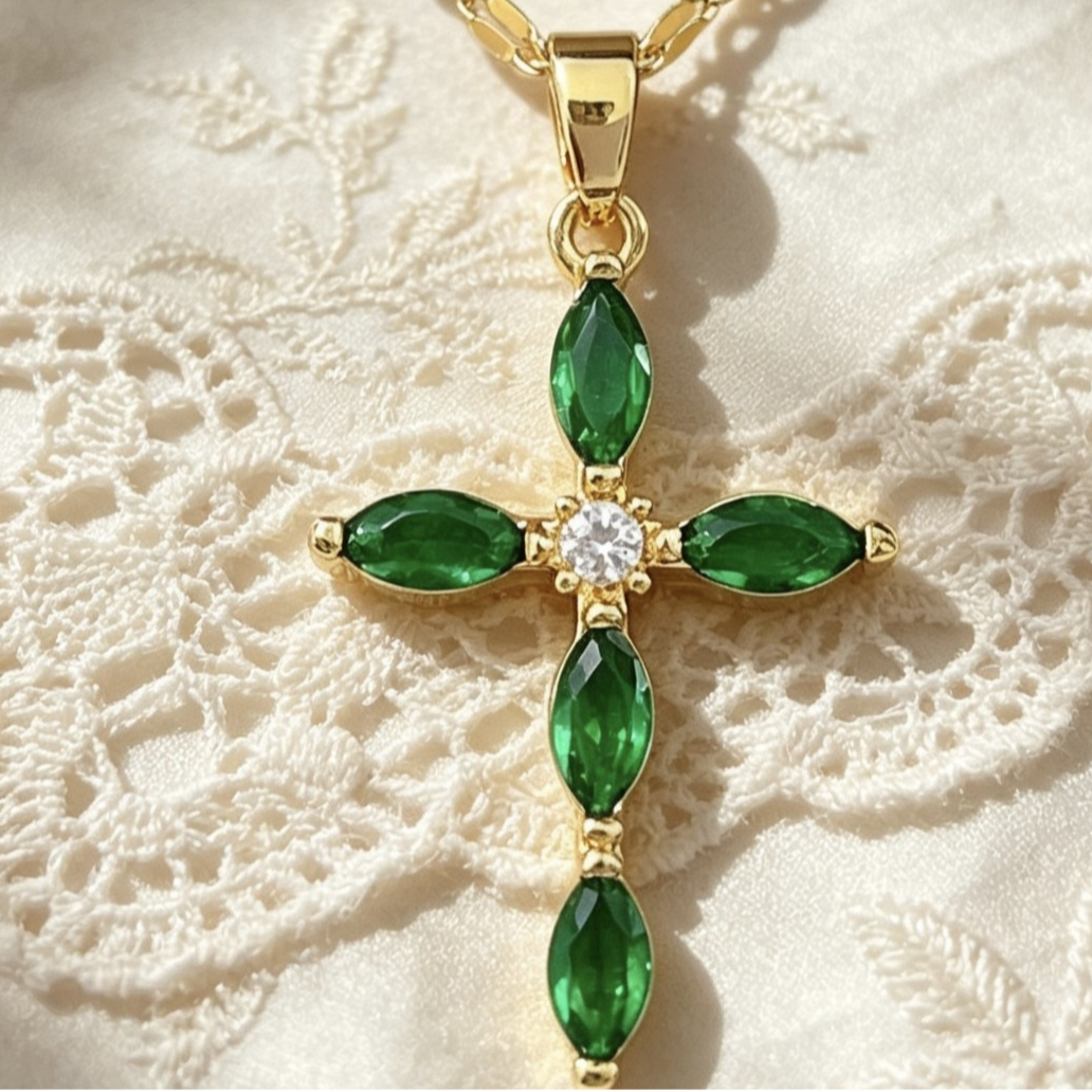 Crystal Cross Pendant Necklace in Gold-Tone Titanium