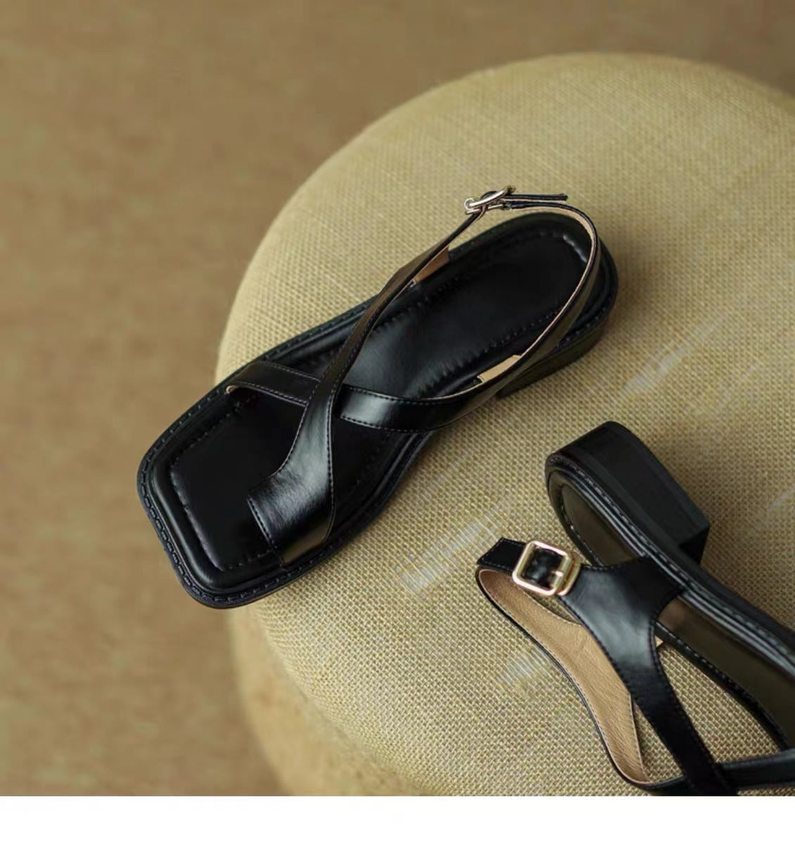 French Retro Thong Sandals Women Flat Square Toe