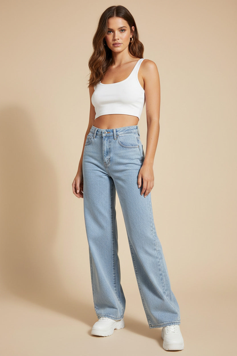 Womens High Waist Wide Leg Denim Pants