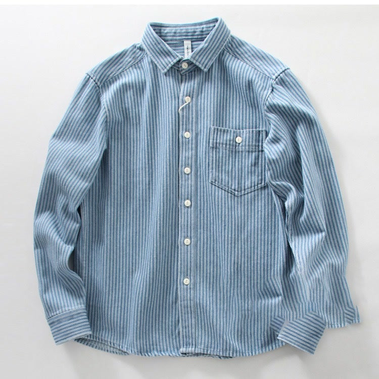 Retro Japanese Denim Shirt with Stripe Pattern and Non-Iron Finish