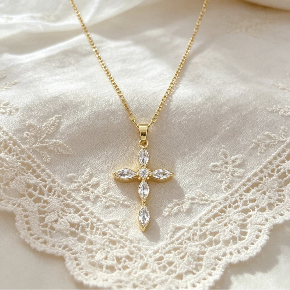 Crystal Cross Pendant Necklace in Gold-Tone Titanium