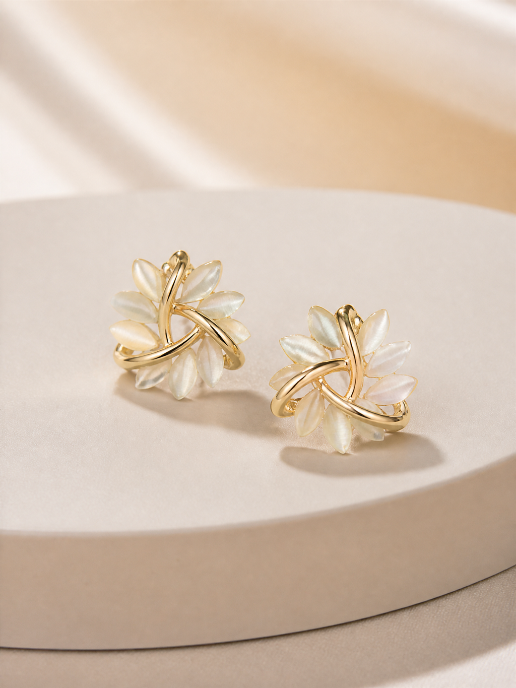 Floral Cat's Eye Stone Stud Earrings in Gold Tone