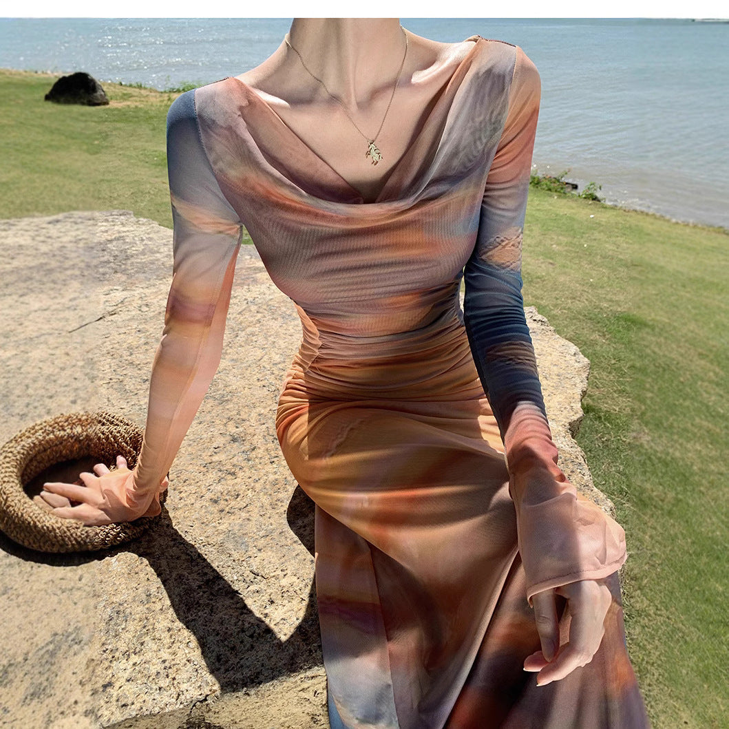 French Style Tie-Dye Printed Mesh Dress