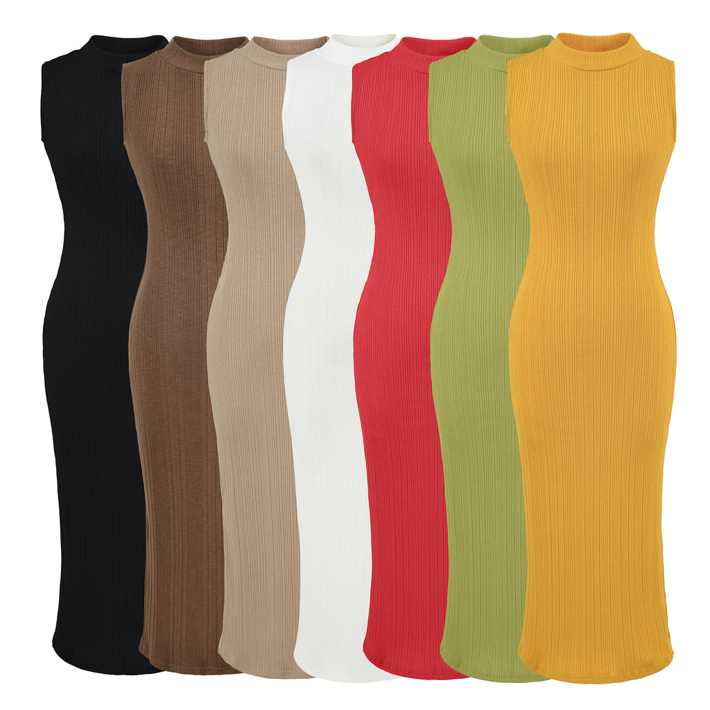 Sleeveless Ribbed Knit Dress with Slit