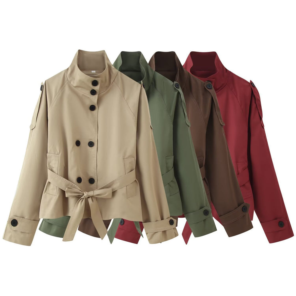 Retro V-neck double-buttoned belted short coat