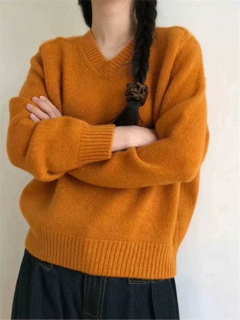 V-neck loose casual long-sleeved knitted sweater