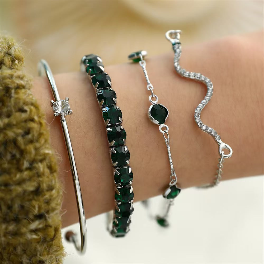 Green Emerald Diamond Elastic Bracelet Set for Women 4-Piece Snake Design Metal Bracelet