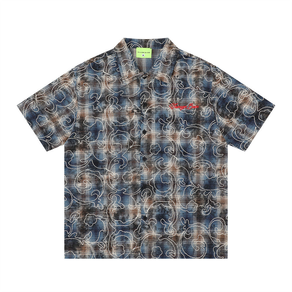 Teem Tie-Dye Short-Sleeve Shirt with Grid Pattern