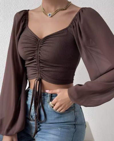Womens V-Neck Chiffon Blouse with Drawstring Waist
