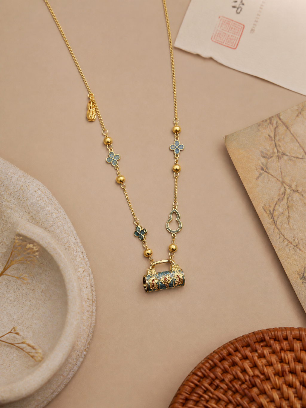 Gourd Lock Pendant Necklace in Gold-Tone Enamel and Copper