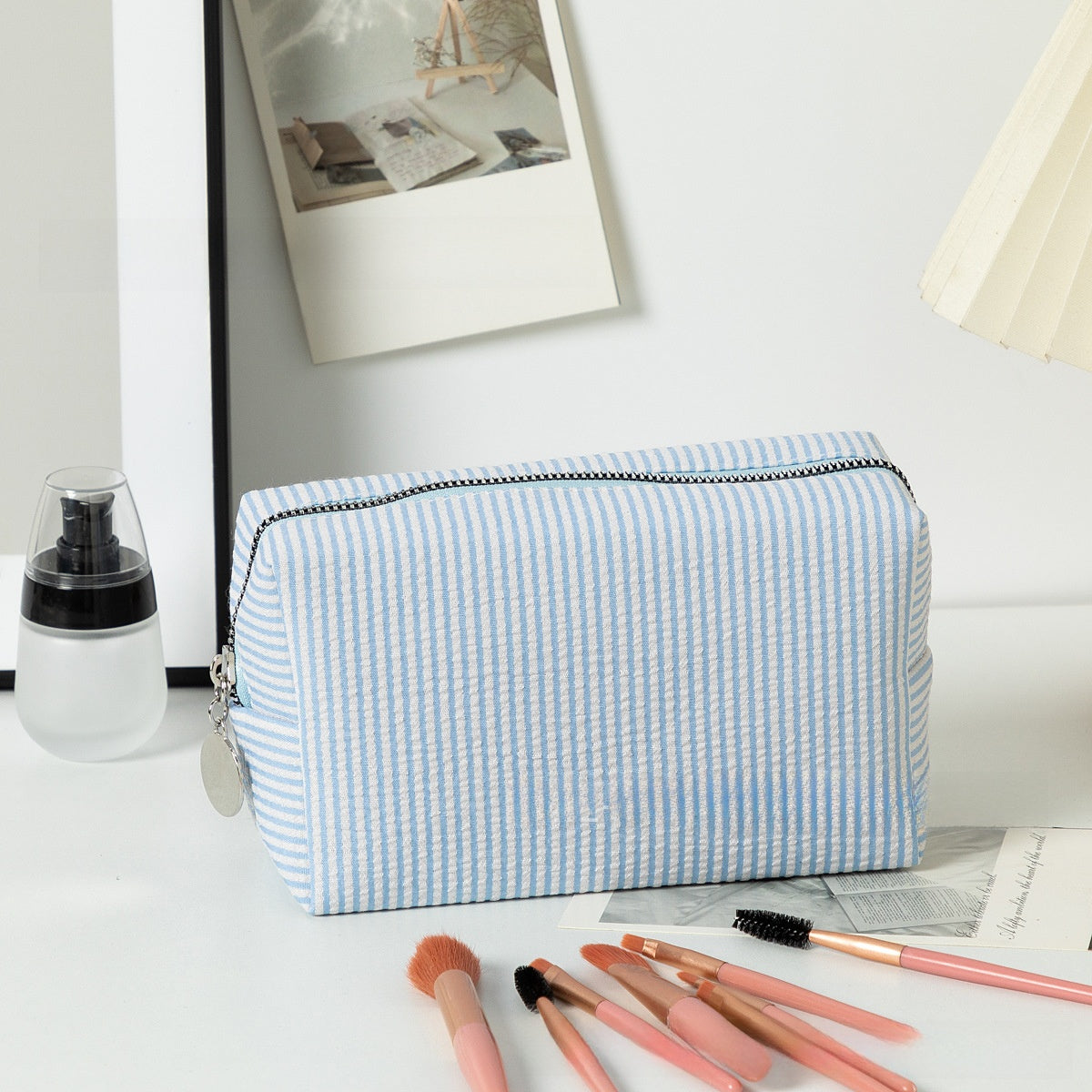 Personalized Embroidered Striped Seersucker Cosmetic Bag