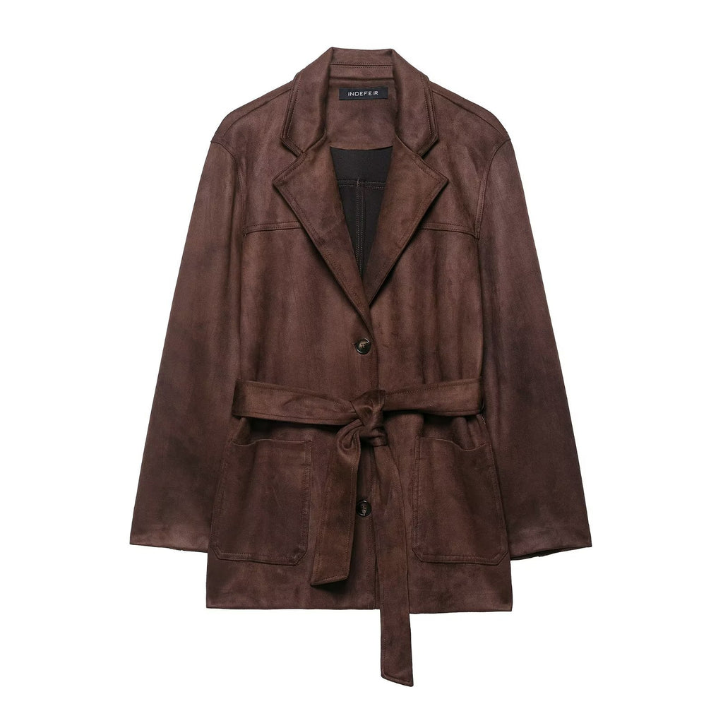 Womens Suede Effect Belted Jacket