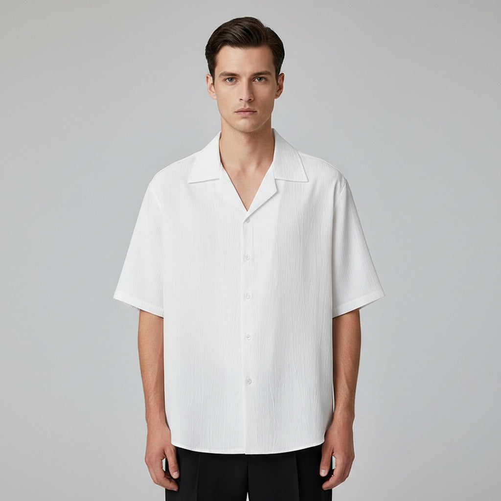 Retro Cuban Collar Short Sleeve Shirt - Loose Fit Polyester