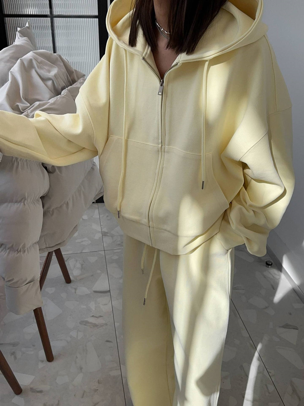 Women's loose-fitting hooded zipper pullover set