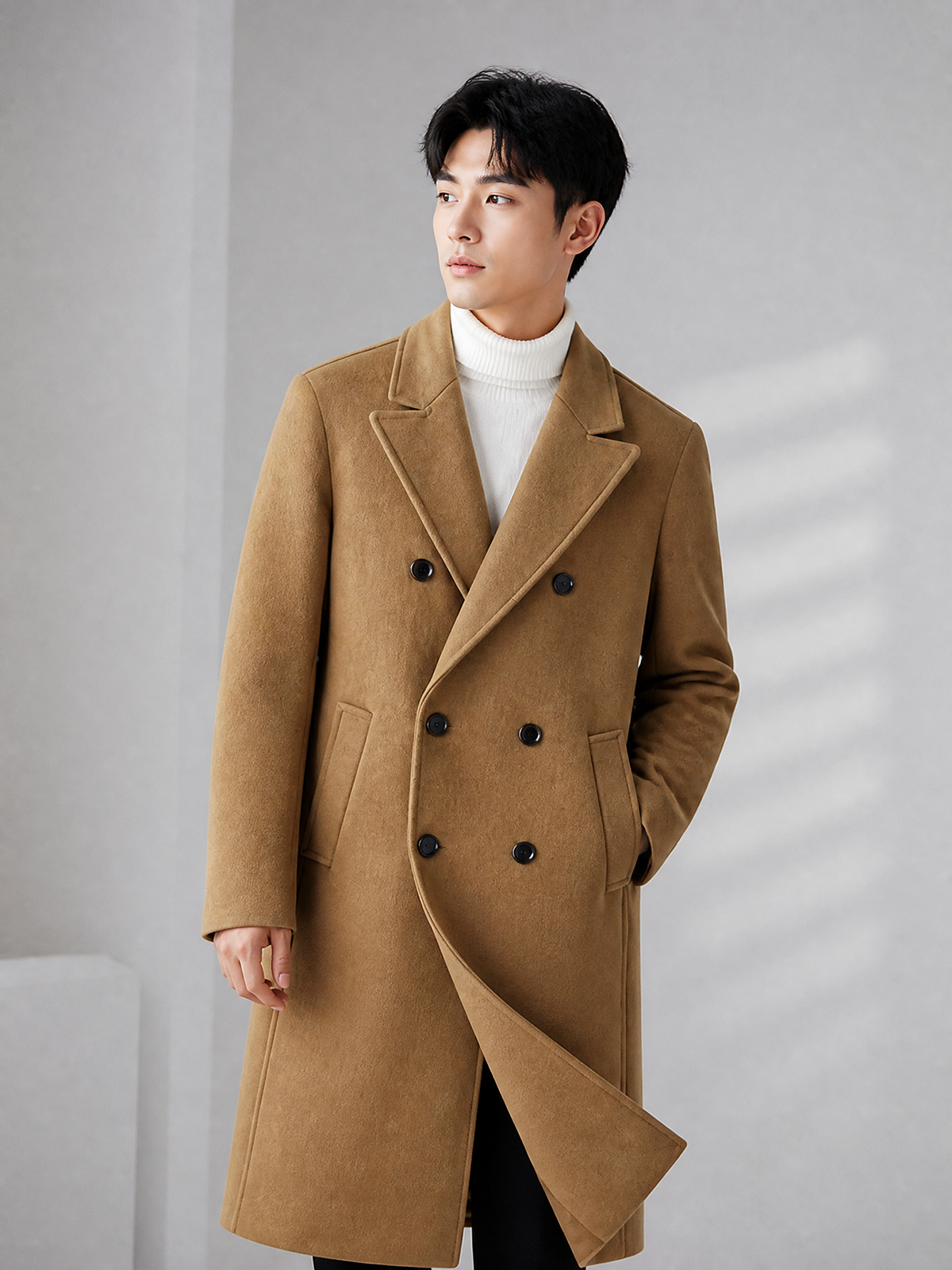 Men Woolen Coat Double Breasted Suit Collar Mid Long Jacket