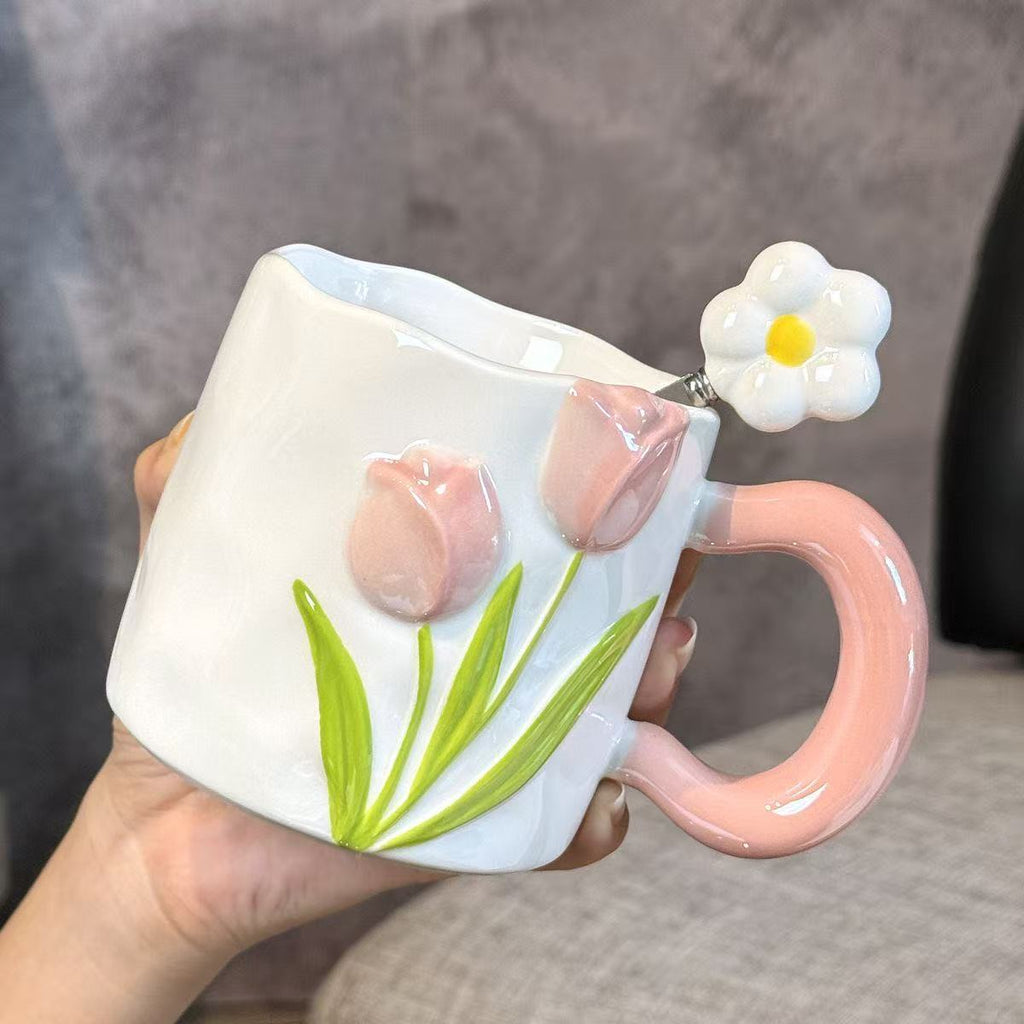 Embossed Hand-drawn Tulip Ceramic Mug