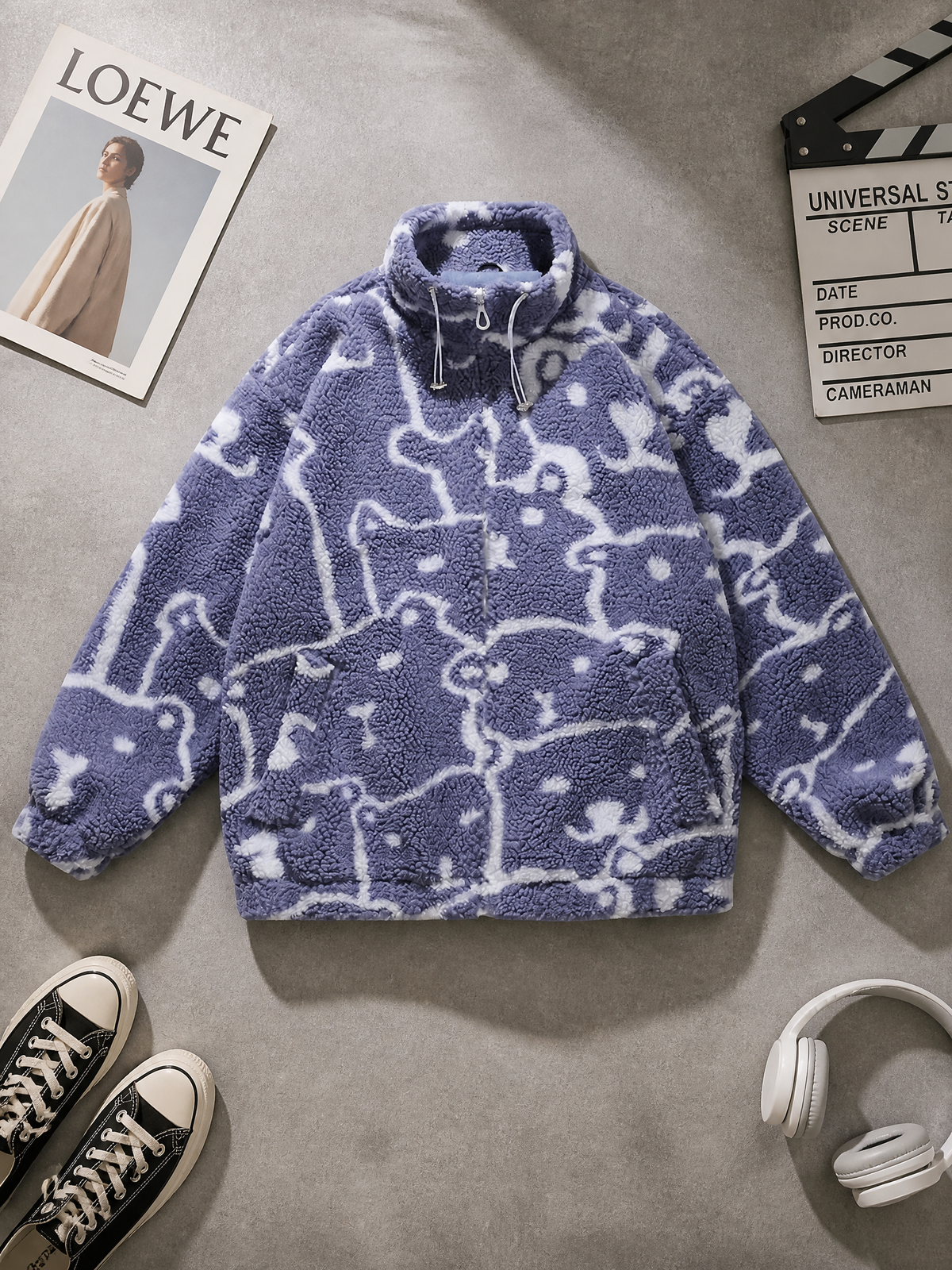 Graphic Sherpa Fleece Jacket, Oversized Stand Collar Outerwear