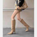 Pointed-toe, stiletto-heeled, suede straight-leg boots