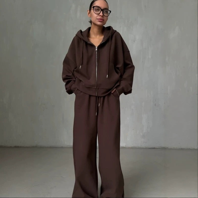 Women's loose-fitting hooded zipper pullover set