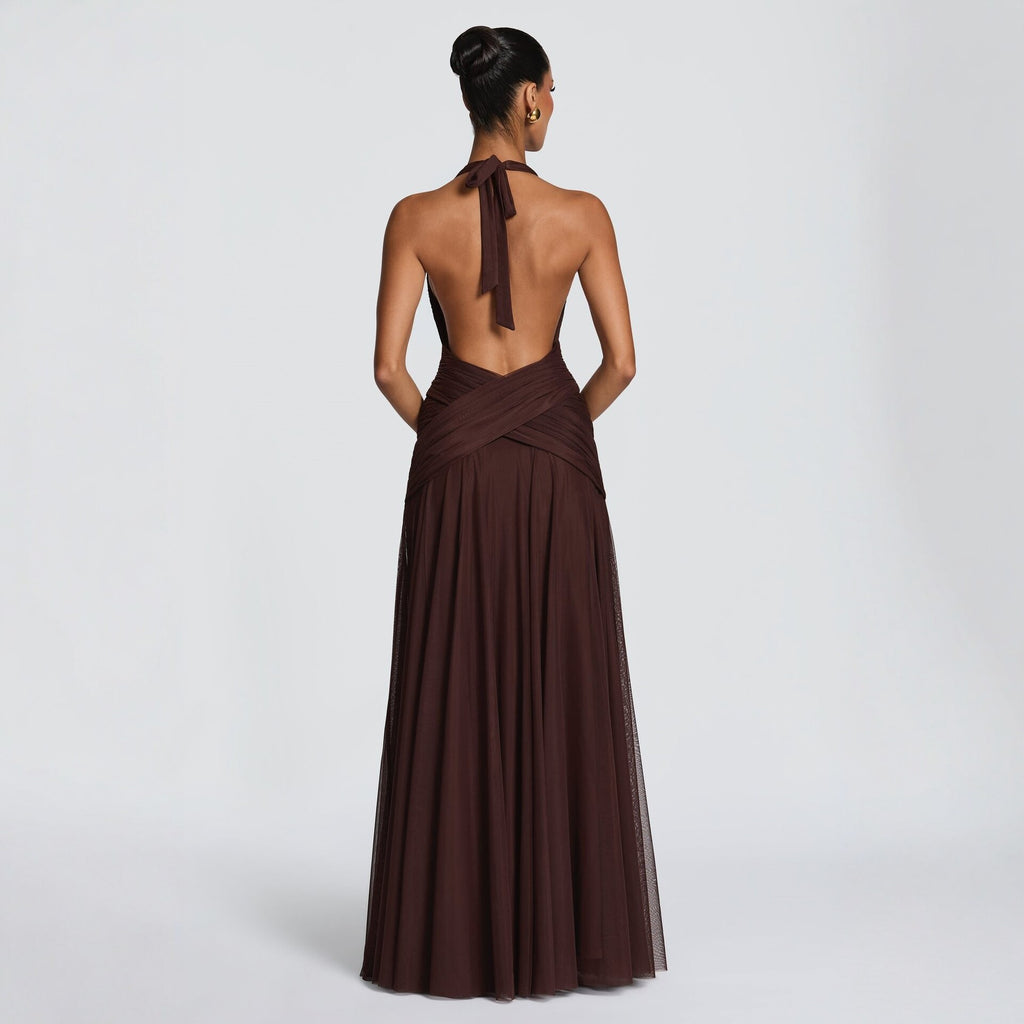 Halter Neck Chiffon Evening Dress with Mesh Skirt