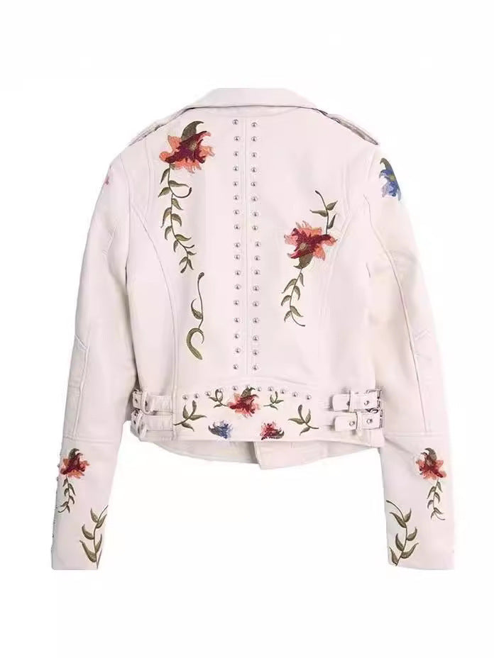 Embroidered Rivet Leather Jacket in Slim Fit