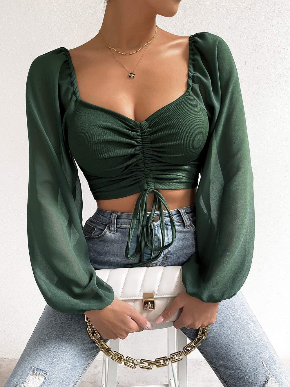 Womens V-Neck Chiffon Blouse with Drawstring Waist