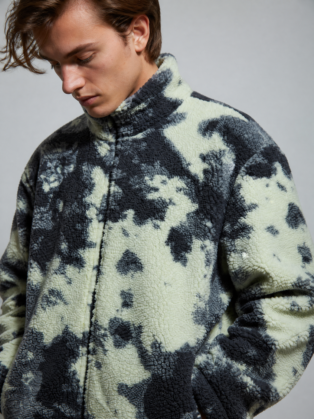 Graphic Sherpa Fleece Jacket, Oversized Stand Collar Outerwear