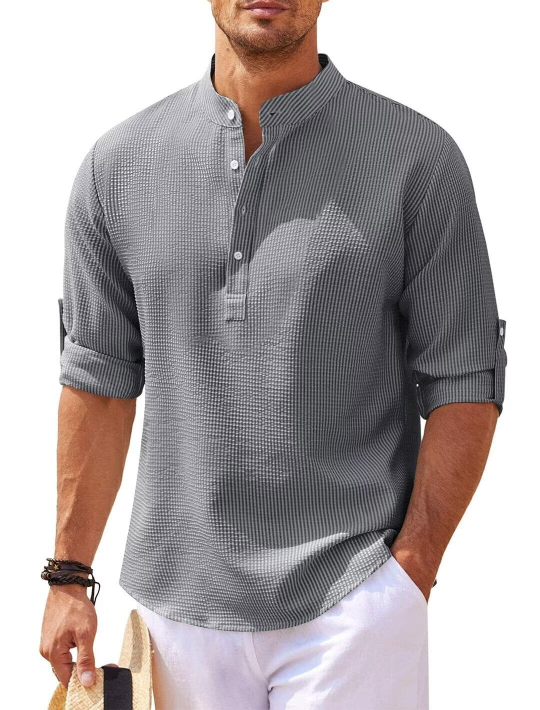 Mens Waffle Texture Long Sleeve Shirt with Stand Collar