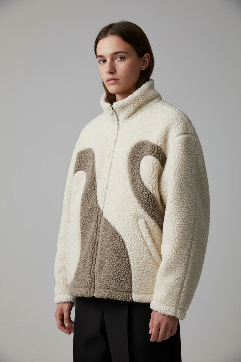 Contrast Color Lapel Coral Fleece Sweatshirt