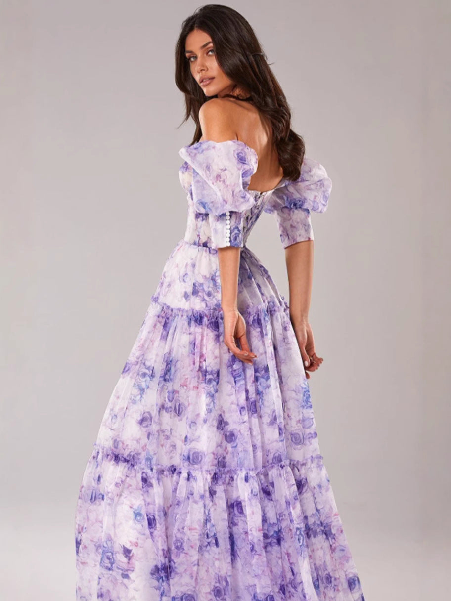 Off-Shoulder Organza Evening Dress with 3D Pattern