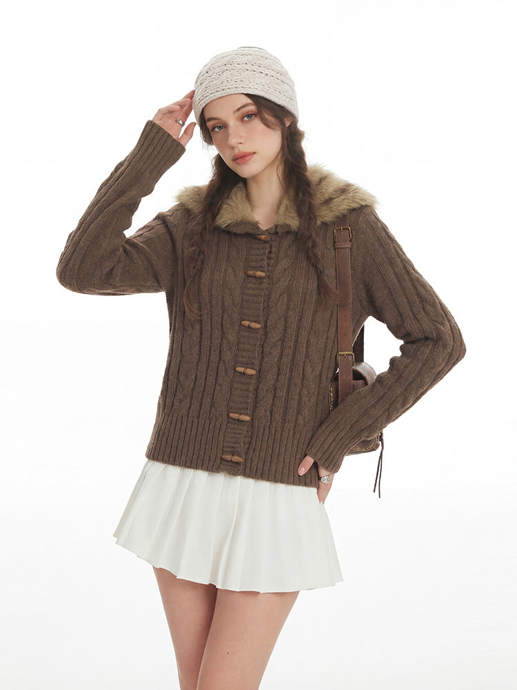Womens Hooded Cardigan with Fur Collar
