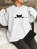 Cat Print Round Neck Sweatshirt