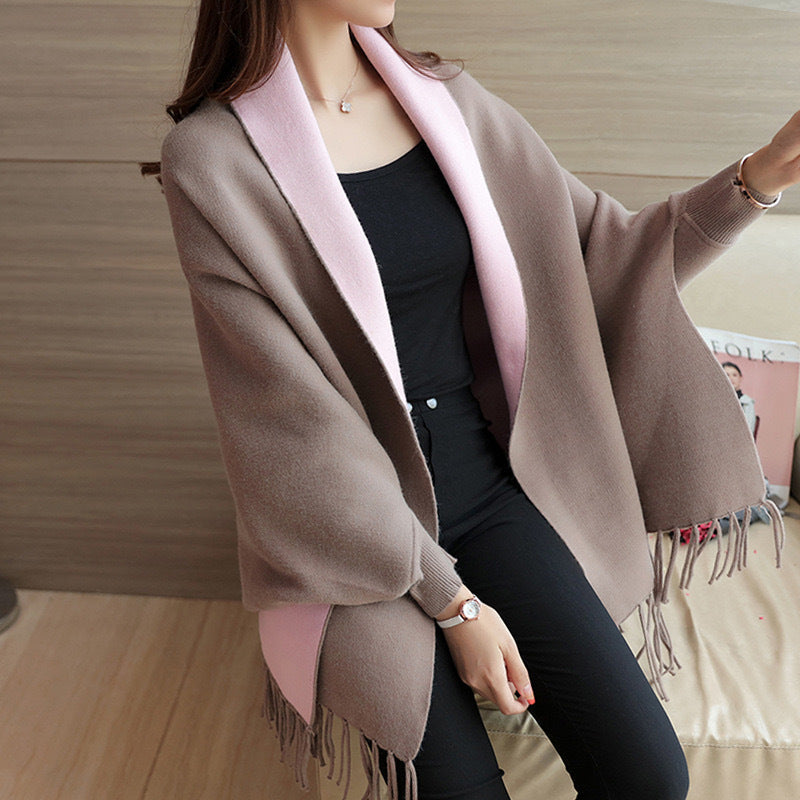 Jacquard Batwing Cape Cardigan with Tassel Trim