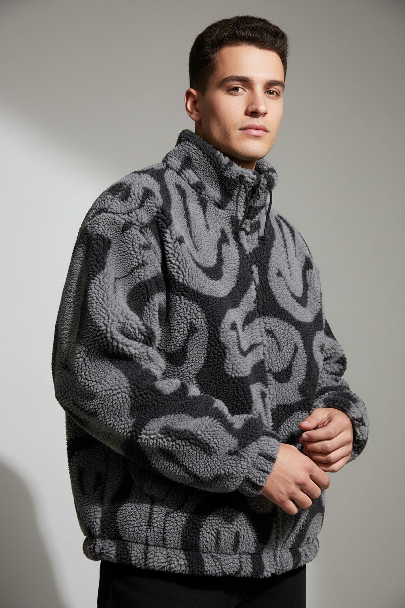 Graphic Sherpa Fleece Jacket, Oversized Stand Collar Outerwear