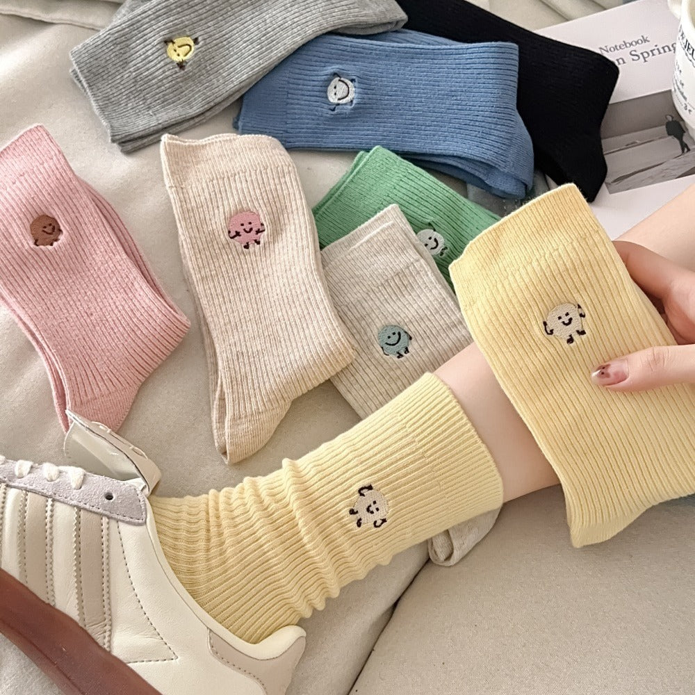 Solid Color Cute Funny Expression Double Needle Embroidered Women's Mid-tube Socks Vertical Combed Cotton Simple Breathable Sweat-absorbent Stockings