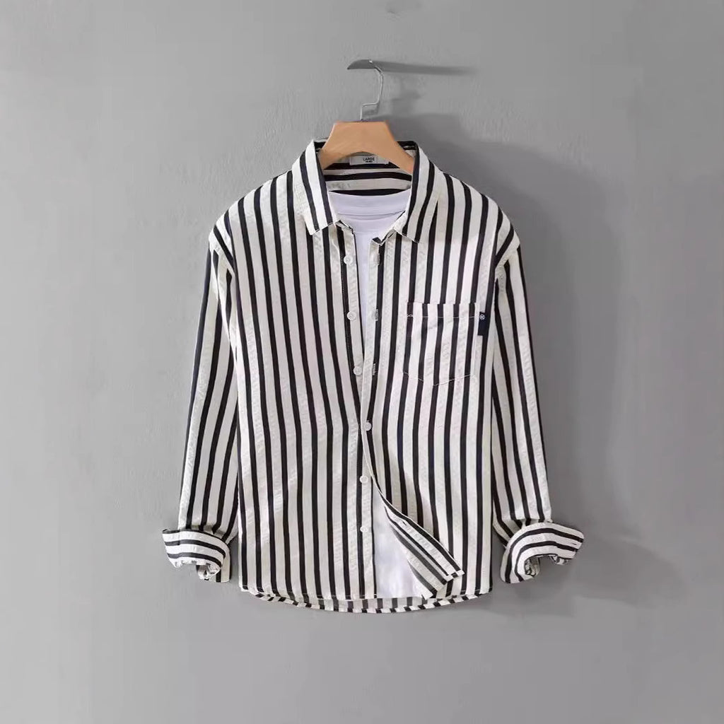 Men's Casual Long Sleeve Shirt with Korean-Style Color Block