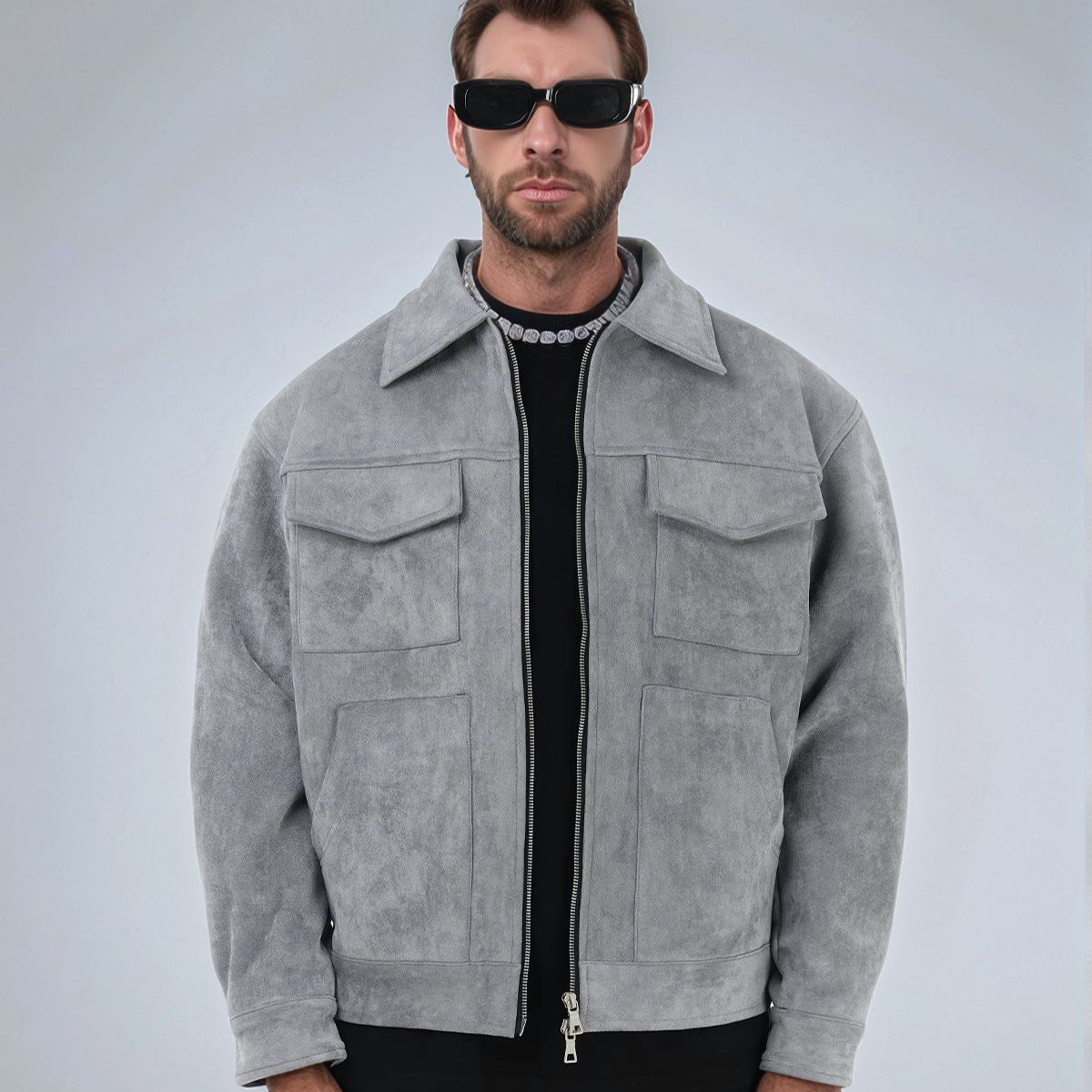 Mens Casual Suede Jacket with Lapel Collar