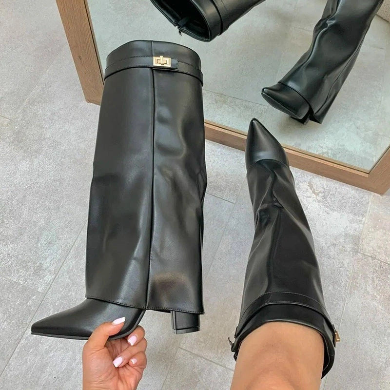 Womens Pointed Toe Chunky Heel Boots