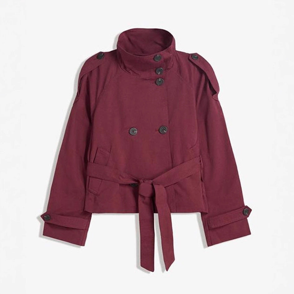 Retro V-neck double-buttoned belted short coat