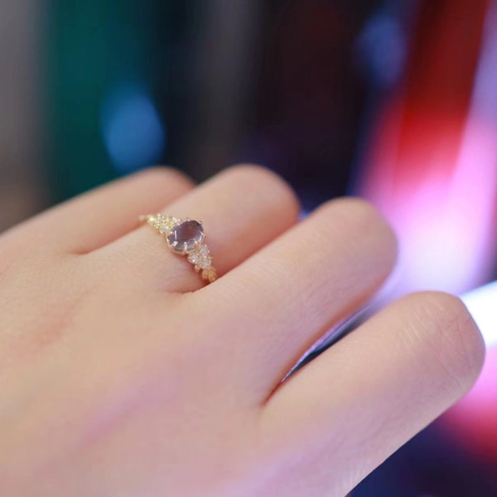 Cordierite Olive Leaf Ring with Zircon Accents in Gold Tone