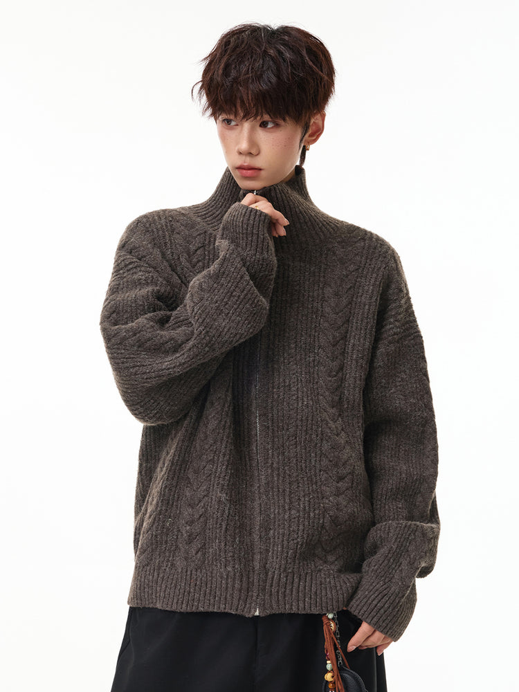 Men Zippered Knit Cardigan Sweater Vintage Wheat Knot Pattern