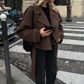 Womens Woolen Lapel Coat Short Belted Jacket